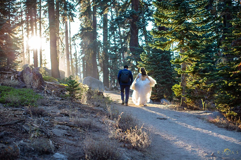 Bride and Groom with Backpack Climbing the Mountain
