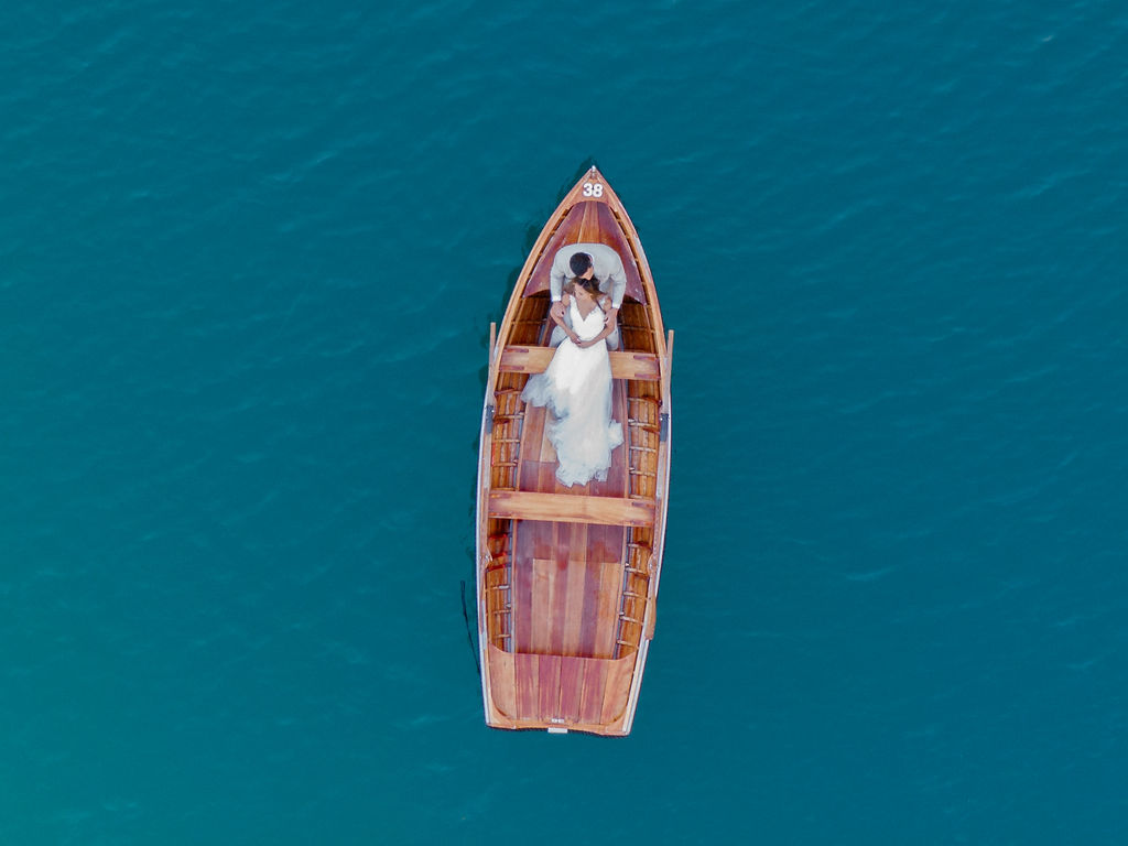 Drone aerial Lago di Braies boat elopement Dolomites
